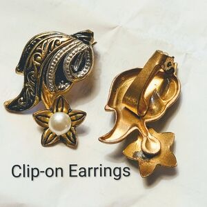 Vintage Antiqued Gold and Silver Pearl Flower Damascene Style Clip-on Earrings